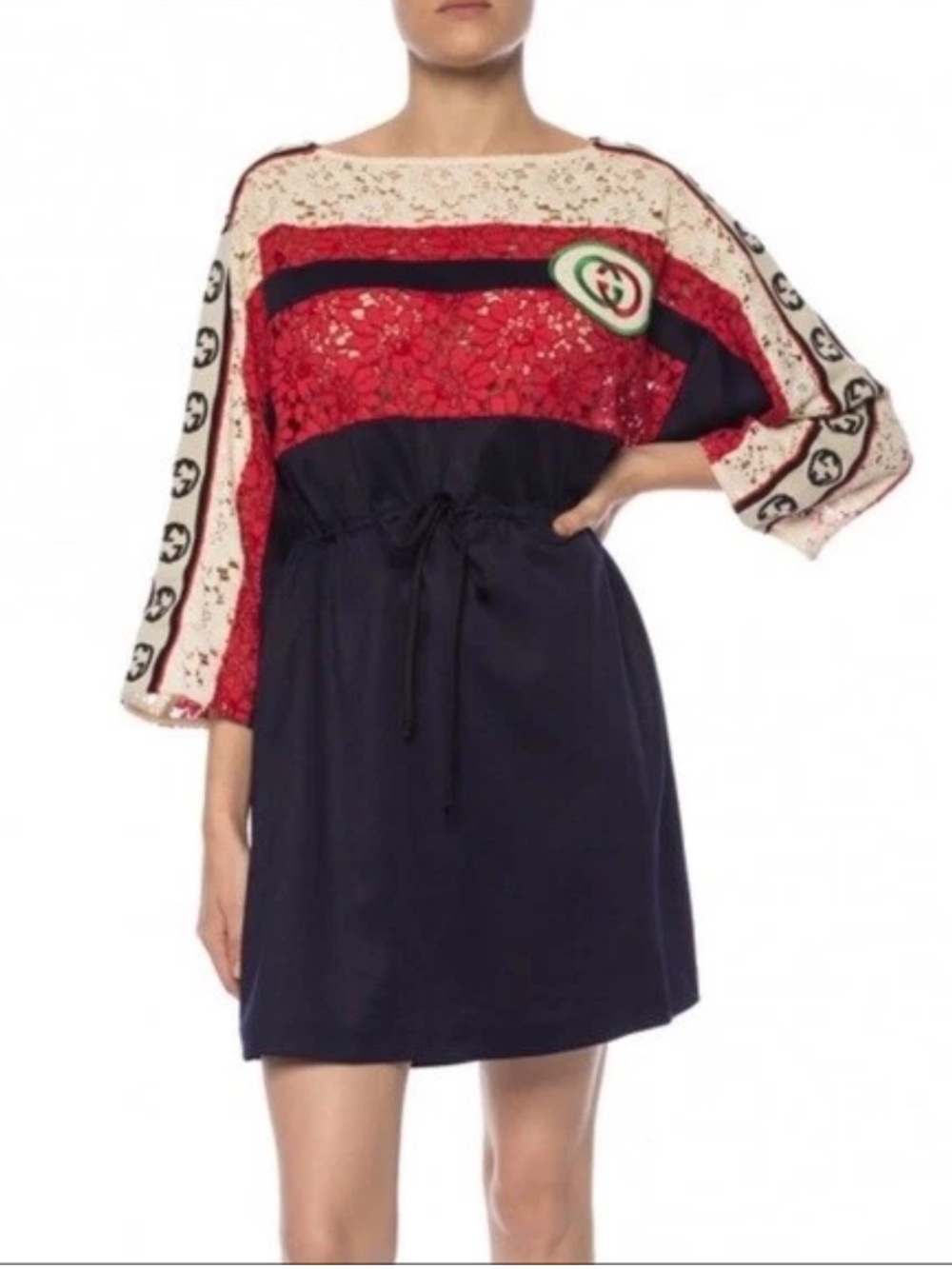 Stunning GUCCI Navy, Red & White Logo Panel Drawstring Dress NEW Medium